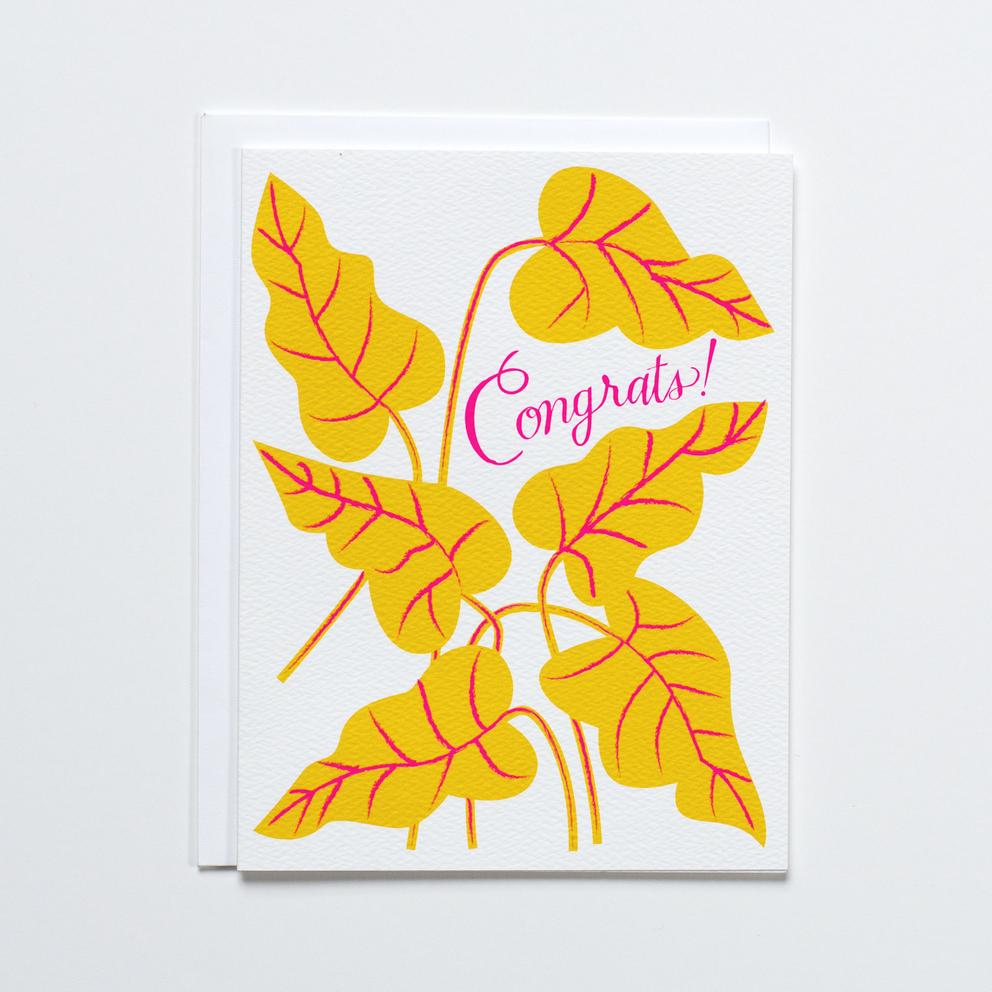 Yellow and Neon Pink Congrats! Leaves Note Card